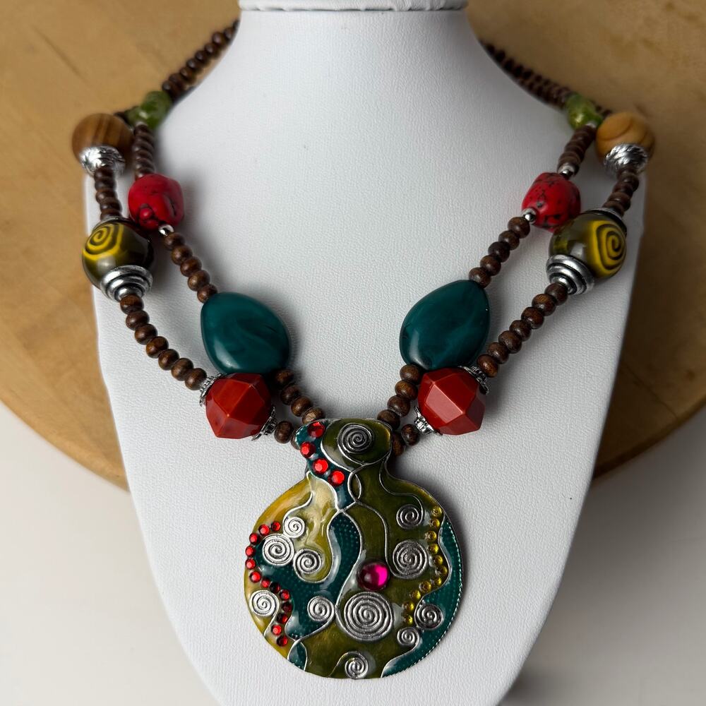 VTG Double Strand Wood Bead Artisan Swirl Pendant Necklace Boho Statement 18in